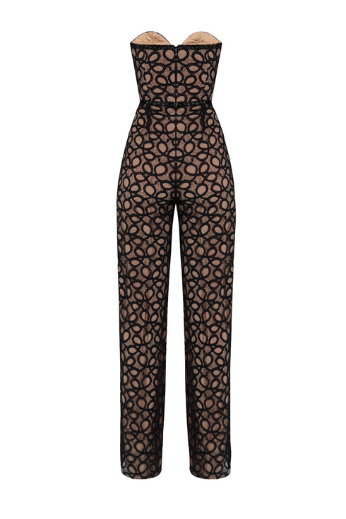 Heart Neck Striped Wide Leg Overall With Lace Detail